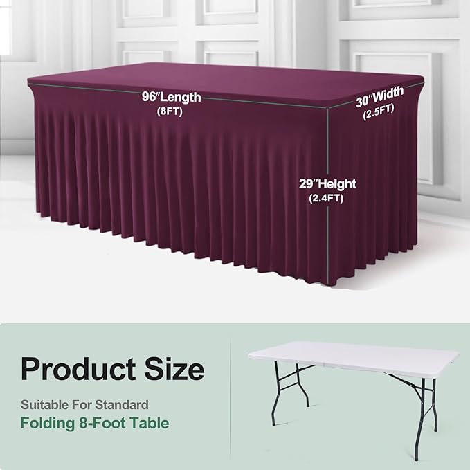Table Skirts for Rectangle Tables 8ft - 2 Pack One-Piece Burgundy Tablecloths and Skirt, Wrinkle Resistant Ruffles Elastic Cover for Banquets, Weddings, Events, Parties