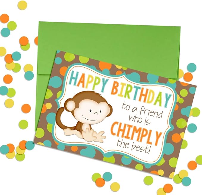 Amanda Creation Chimply the Best Friend Monkey Birthday Pun Themed Single All Occasion Blank Birthday Card To Send To Friends & Family, 4"x 6" (when folded) Fill In Greeting