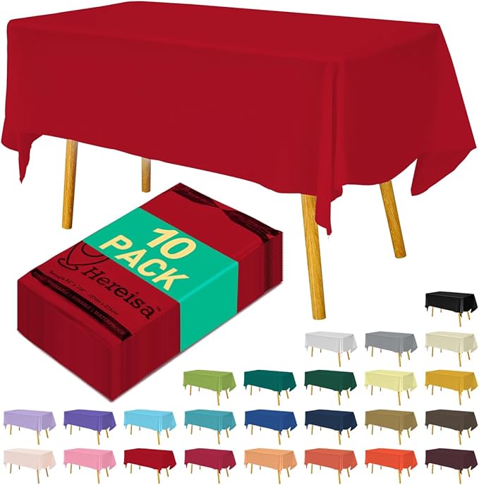 Disposable Red Plastic Tablecloth 54x108 Inch, 10-Count Waterproof Rectangle Table Cover for Events, Catering