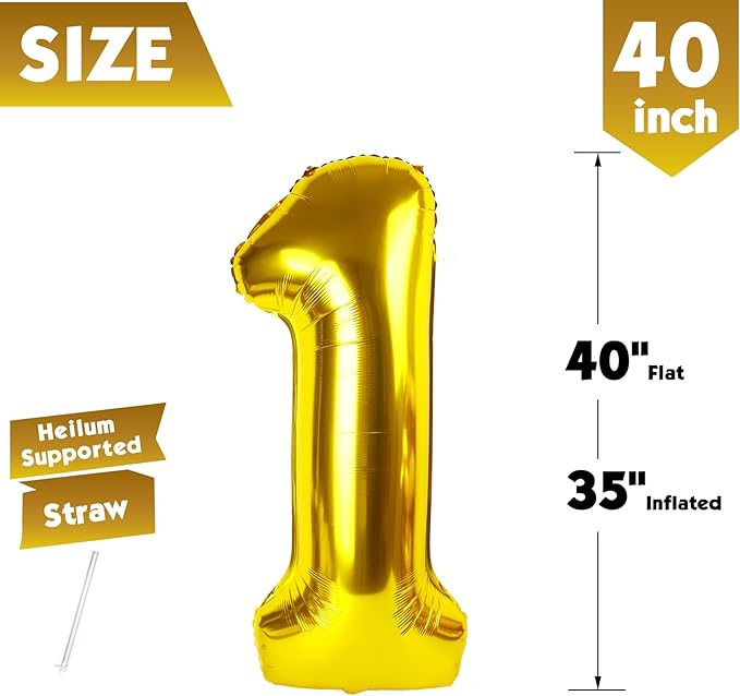 40 Inch Gold Number 1 Balloon, Giant Number 1 Balloons for 11th 12th 21st Birthday Decorations, Party Supplies for Baby Boy Girl, Gold Party Decor