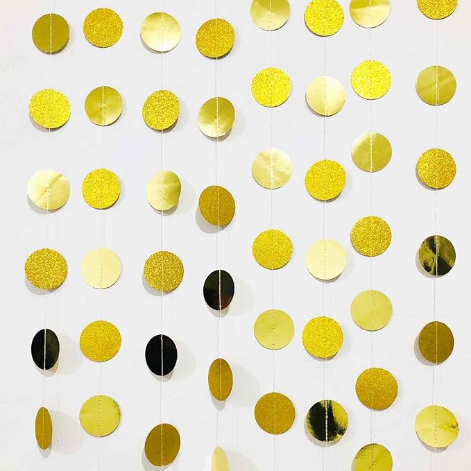 We Moment 50ft Glitter Gold Circle Dots Garlands - Paper Circle Dot Garland Party Backdrop - Hanging Decor for Wedding, Birthday, Baby Shower