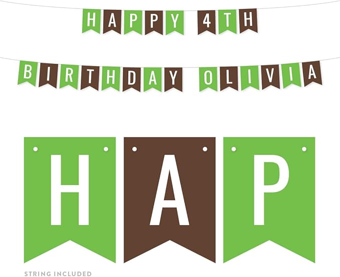 Andaz Press Personalized Hanging Pennant Banner Party Decorations, Kiwi Green, Brown, Happy 4th Birthday Olivia, 1-Pack, Approx. 5-Feet, Custom Name and Number, Woodland Animals Theme