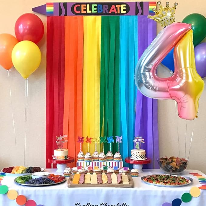 TONIFUL 40 Inch Rainbow Gradient Number 4 Balloon with Detachable Crown Foil Mylar Big Digital Four Colorful Balloon for Birthday Party,Wedding,Bridal Shower,Engagement Photo Shoot, Anniversary Decor