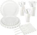175 Pcs White Paper Plates and Napkins, 25 Guest White Party Supplies Include Scalloped Plates Paper Napkin Cup Plastic Spoon Fork Knive for Baby Shower, Wedding, Birthday