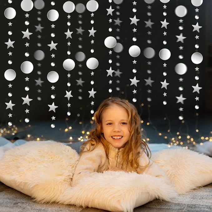 Glitter Star Garlands Decorations, 52 Feet Star Paper Garland Banner, Circle Dot Star Hanging Streamers for Valentine's Day Wedding Anniversary Ramadan Birthday Graduation Party Supplies Decorations