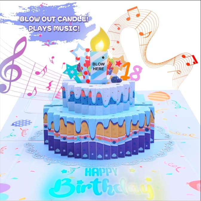 3D Musical Birthday Card, Blowable LED Light Candle, 3D Birthday Popup Cards with DIY 0-9 Numbers, Blow Out Led Light Candle, and Play Birthday Music Flash Happy Birthday Lights for Kids Men and Women