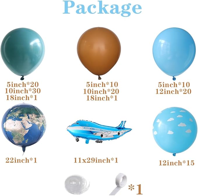 PageebO Travel Themed Party Balloon Arch Kit 131pcs Dusty Blue Coffee Balloon with Globe Plane Aluminium Balloon for Time Flies 1st Birthday Party Retirement Farewell Party Decorations