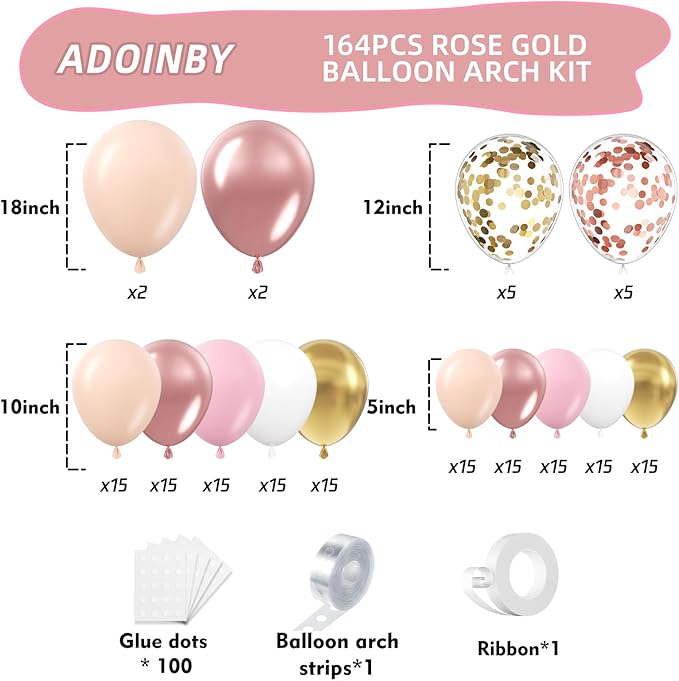Rose Gold Balloon Arch Kit, 164Pcs Nude Pastel Pink Metallic Gold White and Confetti Balloon Garland kit for Girl Birthday Baby Shower Wedding Galentine's Day Valentine's Day Party Decorations