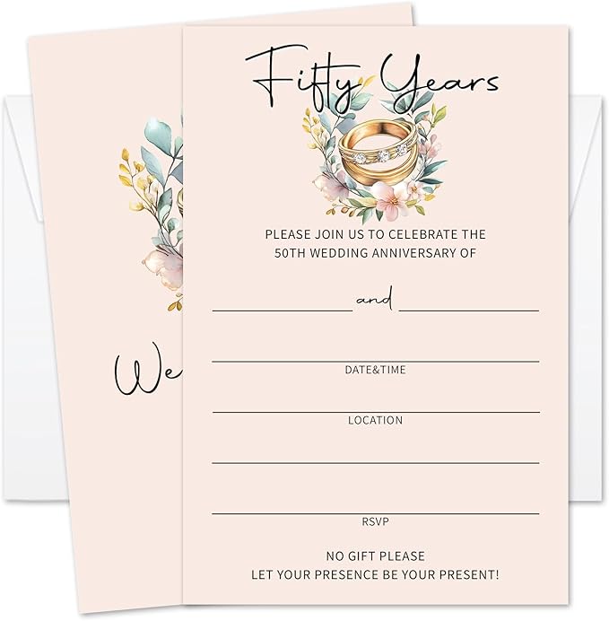 Floral Ring 50th Wedding Anniversary Invitations, 50th Anniversary Invites, 50 Years Wedding Party Supplies, 25 Pcs Cards & Envelopes /14