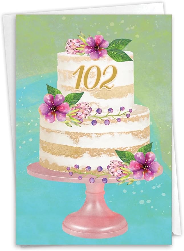 NobleWorks 102th Milestone Birthday Greeting Card with 5 x 7 Inch Envelope (1 Card) Number Cake 102 C10110MBG