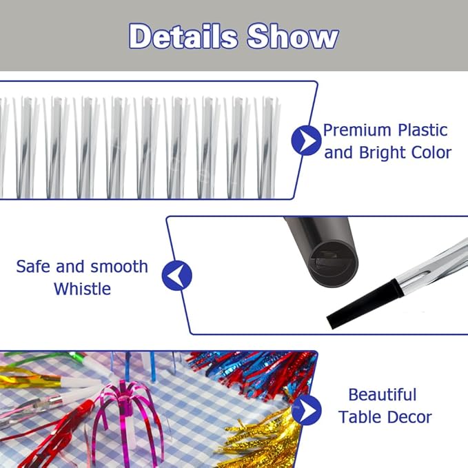 Lovecheer 24/60PCS Fringed Foil Party Noisemakers Metallic Fringed Party Blowers for Adults Birthday Wedding New Year Christmas Blowouts