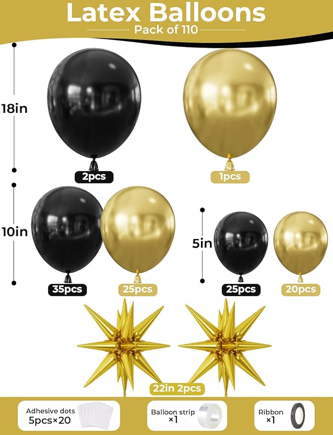 Black and Gold Balloons Arch Garland Kit, 110 Pcs Black Gold and Foil Starburst Balloon, Different Size Latex Balloons for New Year Party Birthday Retirement Anniversary Wedding Graduation Decor