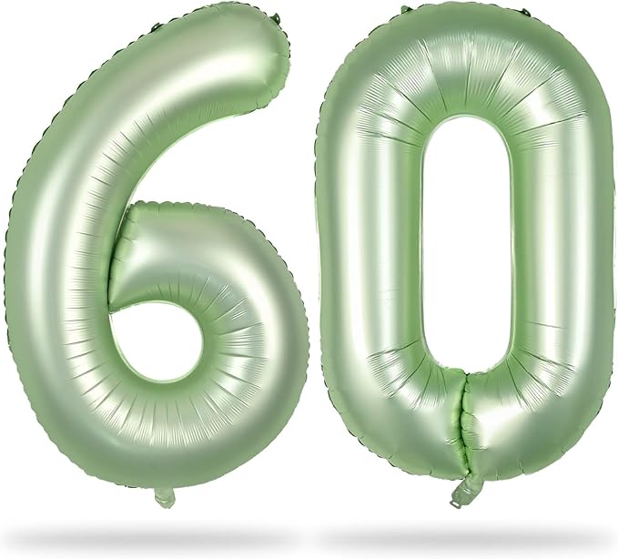 Sage Green Birthday Balloon Numbers 60, 40 Inch Big Foil Mylar Number 6 and 0 Helium Balloons, Olive Green Number 60 Balloon Set for Men Women 60th Birthday Anniversary Party Decorations Supplies