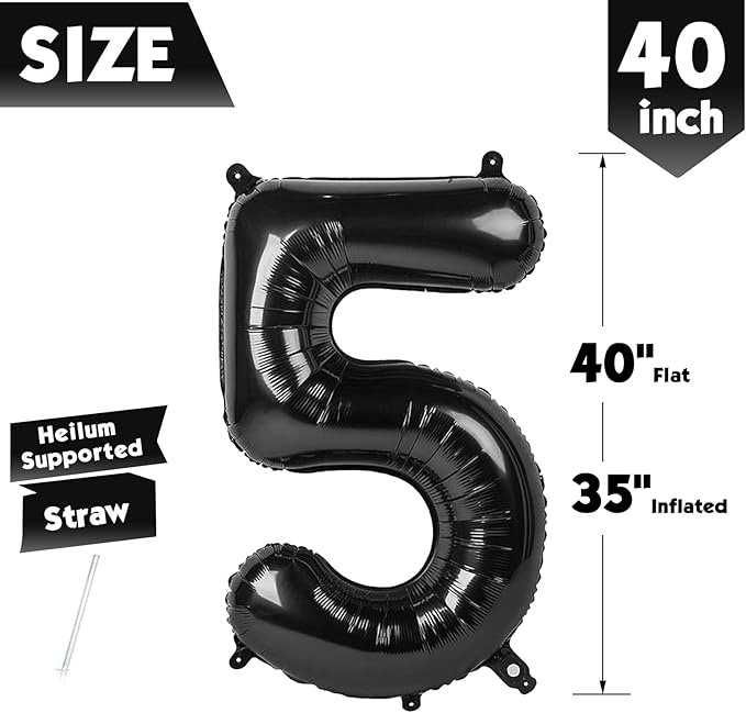 40 Inch Black Number 5 Balloon, Giant 5 Number Balloons for 5th Birthday Decorations, Party Supplies for Baby Boy Girl, Black Party Decor