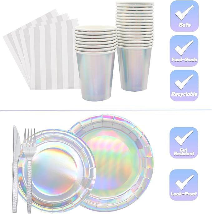 144pcs Iridescent Party Supplies Iridescent Party Tableware Set Serve 24 Guests Includes Holographic Paper Plates Cups Napkins Forks for Baby Shower Mermaid Birthday Party