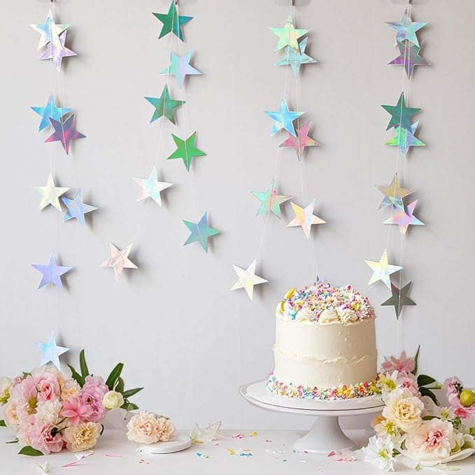 Iridescent Shining Star Hanging Garland Iridescent Hanging Sparkling Star Streamer Glitter Bunting Banner Twinkle Backdrop for Wedding Baby Shower Birthday Christmas Decorations 40 Feet