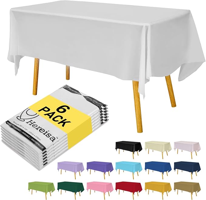 White 6 Pack Plastic Table Cloths, 54" x 108", Disposable Rectangle Table Covers for Parties