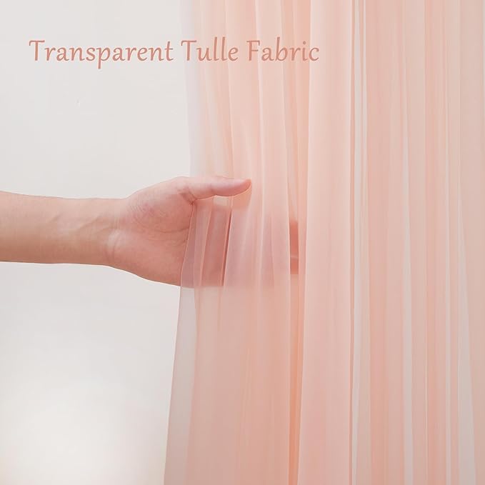 10x10ft Peach Tulle Backdrop Curtain with Lights String for Parites, Sheer Photo Backdrop Curtains for Wedding Baby Shower Birthday Party Photo Shoot Background Decorations