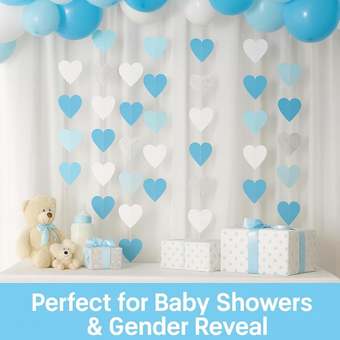 GCQQ Light Blue White Party Decoration - 52FT Glitter Blue Sliver Heart Garland 4 Packs Boy Girl Birthday Hanging Streamers for Valentine's Day Wedding Bachelorette Bridal Baby Shower Graduation Decor