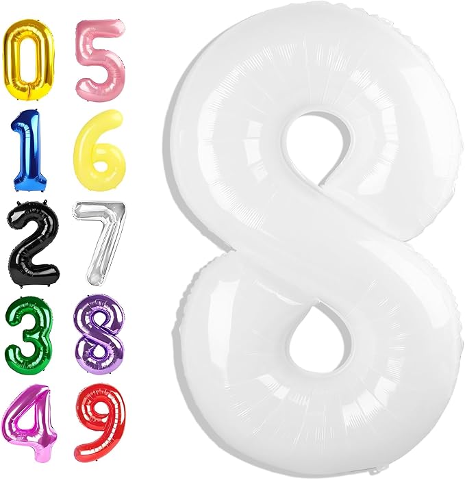 8 Balloon Numbers, 40 Inch White 8 Birthday Decoration for Women And Men, Balloons Decoration for Happy 8 18 28 80 Birthday, Wedding Anniversary, New Year, Party Decoration
