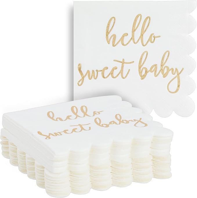 Juvale Baby Shower Napkins - 5 x 5 In, Gold Foil, 50 Pack - White Scalloped Napkins for Gender Neutral Baby Shower Decorations & Table Decor for Boy & Girl