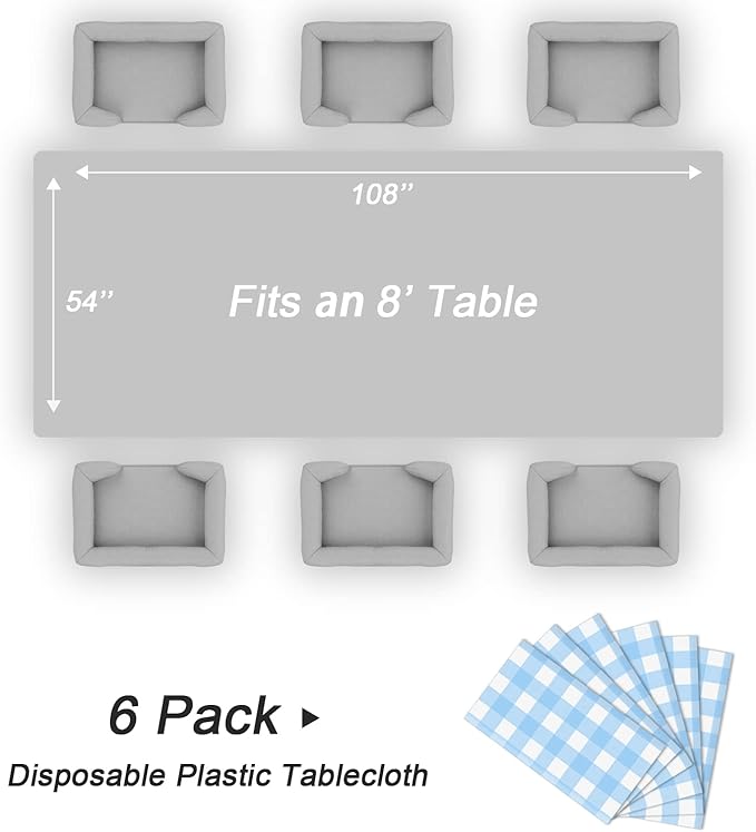 QIKSION Light Blue Gingham Tablecloth Disposable 6 Pack, 54 x 108 Inch Blue and White Checkered Table Cloth for Baby Shower, Easter Decorations, Birthday Party, Rectangle, Plastic Table Cover