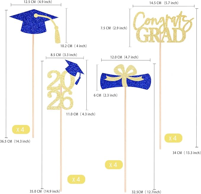 Gexolenu 16 PCS Gold and Blue Double-Sided 2026 Graduation Centerpieces for Tables, 2026 Table Toppers Party Centerpiece Sticks Party Supplies, Graduation Party Decorations Class of 2026, Set of 4