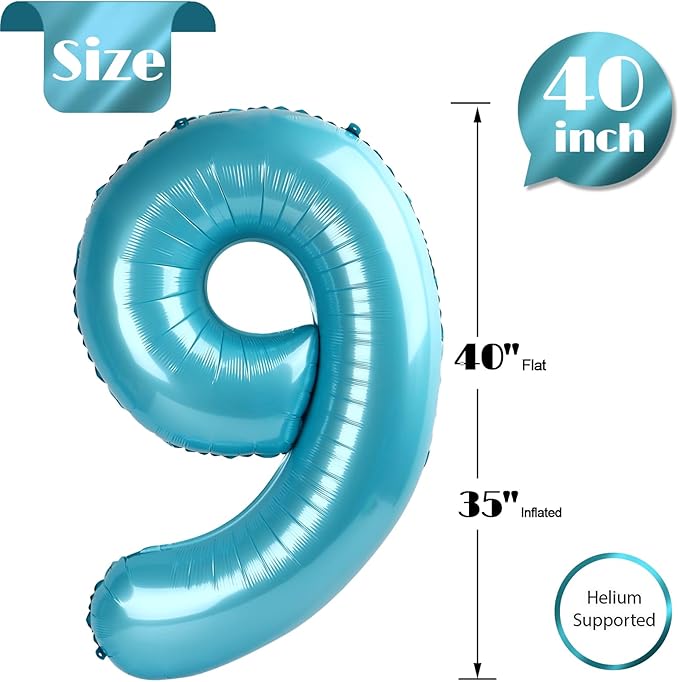 Pearlescent Blue 9 Balloon, Number Balloons 40 Inch, 9th Giant Birthday Decorations for Boys Girls, 19th 29th Party Decorations Supplies, Number 9 Balloon