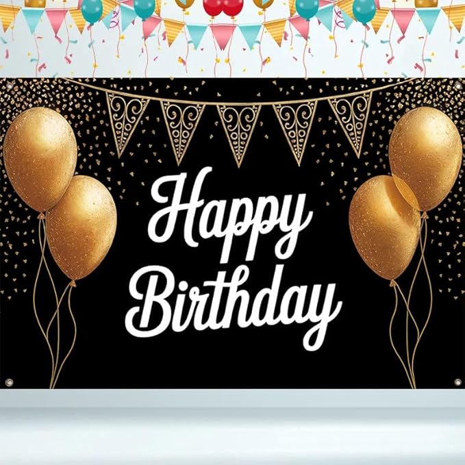 Happy Birthday Porch Banner 71x43 Inch, Large Black and Gold Balloon Backdrop with Confetti and Flags, Birthday Party Decorations for Indoor Outdoor Yard Patio Wall Hanging