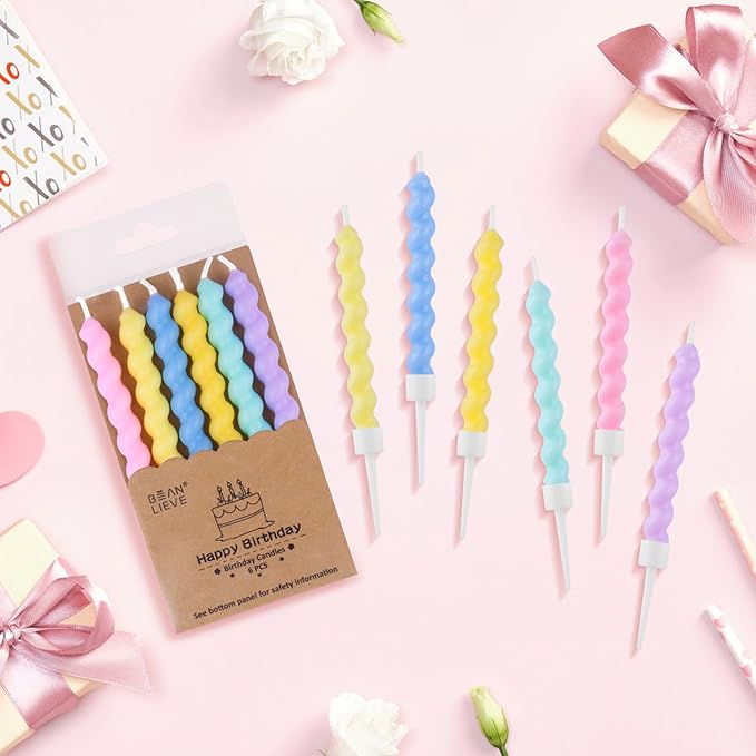 BEAN LIEVE 36-Count Birthday Candles - Rainbow Birthday Candle with Holders Colorful Spiral Long Cake Candles for Birthday Wedding & Lucky Party Cake Decorations