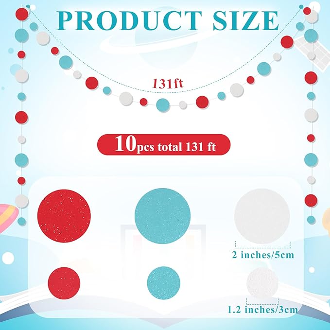 Outus 10 Pieces Colorful Dots Paper Garland Easter Decor Round Glitter Hanging Confetti Streamers Backdrop for Spring Birthday Classroom Halloween Trunk or Treat Car Decoration (Light Blue,White,Red)