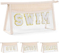 Etercycle Clear Makeup Bag SWIM Pouch, Small Boho Straw Travel Beach Bag with Zipper, Waterproof Chenille Letter Cosmetic Bag Trendy Organizer Storage Bag for Beach Travel Essentials