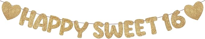 Fulmoon Pre Strung Happy Sweet 16 Banner Glitter Sixteenth Birthday Party Decorations 16th Party Sign Sweet 16 Party Decorations for Birthday Party Bachelorette Party(Champagne Gold)