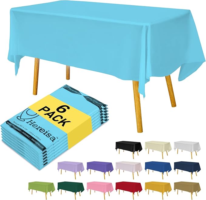 Light Blue 6 Pack Plastic Table Cloth 54" x 108", Disposable Tablecloths Rectangle Table Cover, Plastic Table Cloths for Parties