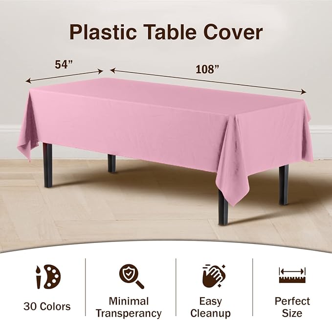 Exquisite Party Solids 6-Pack Premium Plastic Tablecloth 54in. x 108in. Rectangle Plastic Table Cover - Pink