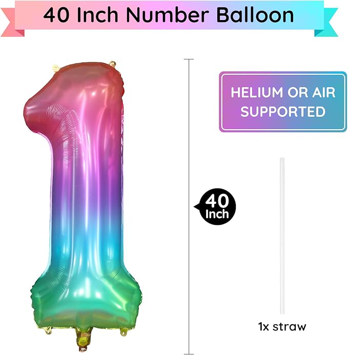 40 Inch Rainbow Number Balloon 1, Large Number Foil Balloons Mylar for Girl Boy Birthday Party Celebration Decorations Supplies, Digital Balloons for Wedding Anniversary Events Decorations