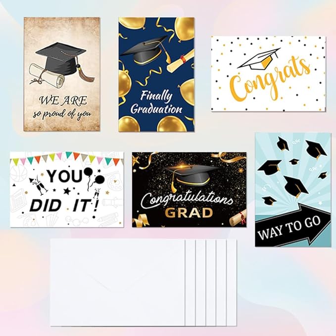 6 Pack Gold Foiled 5x7in 2025 Graduation Cards 2025 with Envelopes and Stickers, 6 Elegant Designs Graduation Card Pack