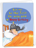 NobleWorks - 1 Awesome Birthday Greeting Card - Cartoon Art, Happy Funny Bday Note - Cat on Head C3791HBDG