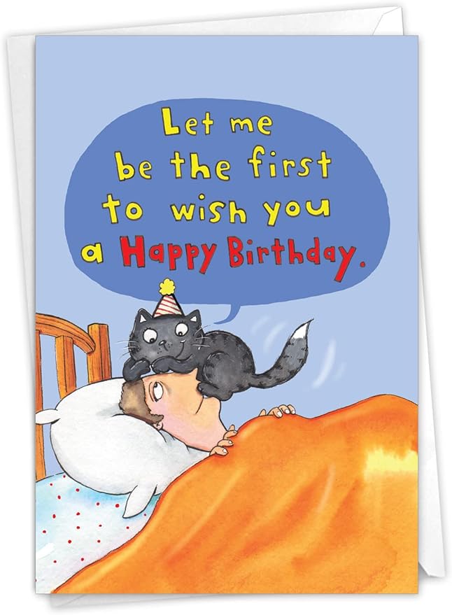 NobleWorks - 1 Awesome Birthday Greeting Card - Cartoon Art, Happy Funny Bday Note - Cat on Head C3791HBDG