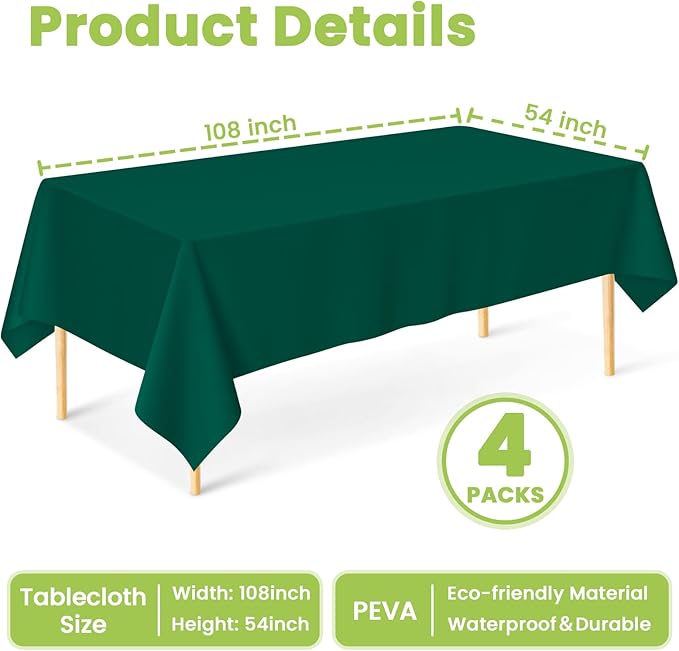 Mulbozy Dark Green Plastic Table Cloth Disposable 4 Pack, 54 × 108 Inch Tablecloths Rectangle, Green Plastic Table Cover for Party Decor