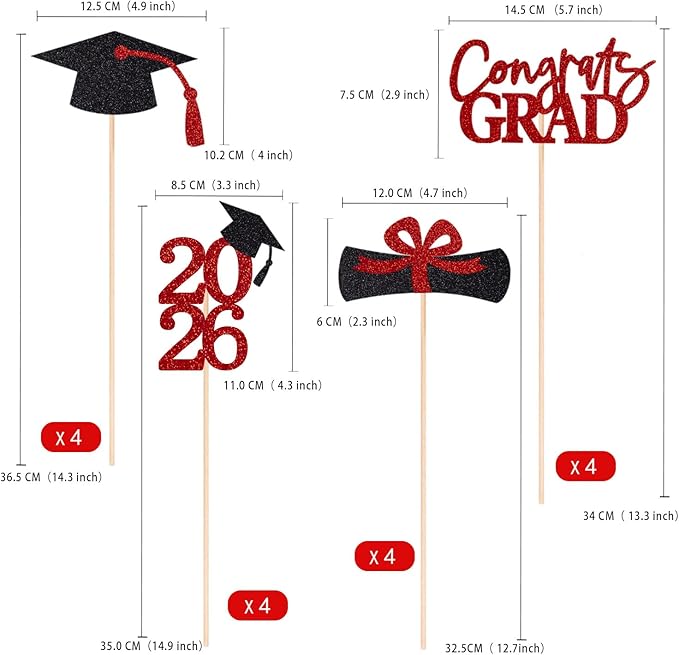 Gexolenu 16 PCS Red and Black Double-Sided 2026 Graduation Centerpieces for Tables, 2026 Table Toppers Party Centerpiece Sticks Party Supplies, Graduation Party Decorations Class of 2026, Set of 4