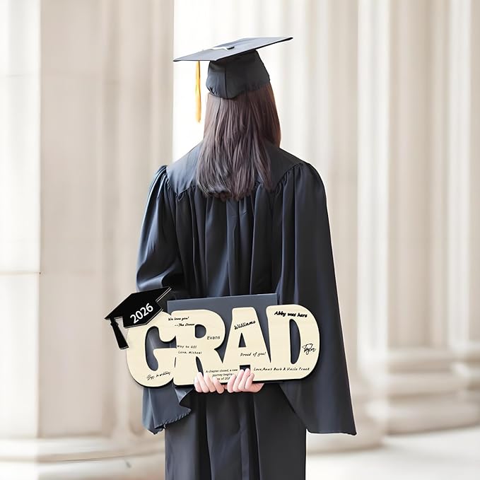 Graduation Decorations Class of 2026 Grad Sign Wood Board Party Nameplate Guest Book for High School College Bachelor Graduation Gifts (GRAD)