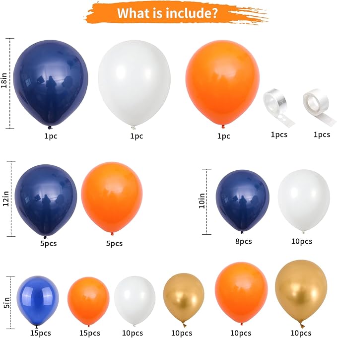 Blue and Orange Balloon Arch Garland Kit, Navy Royal Dark Blue Gold Orange Balloons, Metallic Chrome Latex Balloons Different Size for Thanksgiving Fall Graduation Anime Birthday Party Decorations