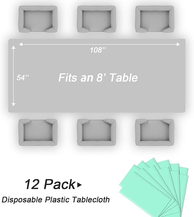 QIKSION Fresh Mint Plastic Table Cloth Disposable 12 Pack, 54 x 108 Inch Tablecloths for Party, Birthday, Rectangle Table Cover