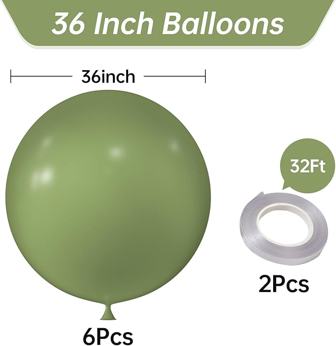 KALOR 36 Inch Giant Retro Avocado Green Balloons, 6 Pack Large Round Retro Avocado Green Latex Balloons for Anniversary, Birthday, Christmas, Wedding, Baby Shower Party Decorations