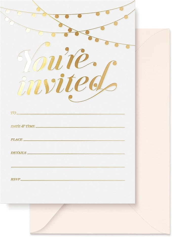 S&O Party Invitations! 25 Gold Foil Traditional Invitations with Envelopes, Wedding, Baby, & Bridal Shower Invite, Housewarming Birthday, and Girls Quinceanera Invite Cards for Every Celebration - 4x6