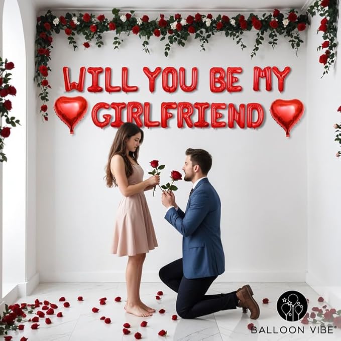Will You Be My Girlfriend Balloons Banner with Two 18" Heart Balloons - Romantic Proposal Decorations for Prom/Date Night, Valentine’s Day - 16" Foil Letters with Straws, Ribbon, Adhesive Dots