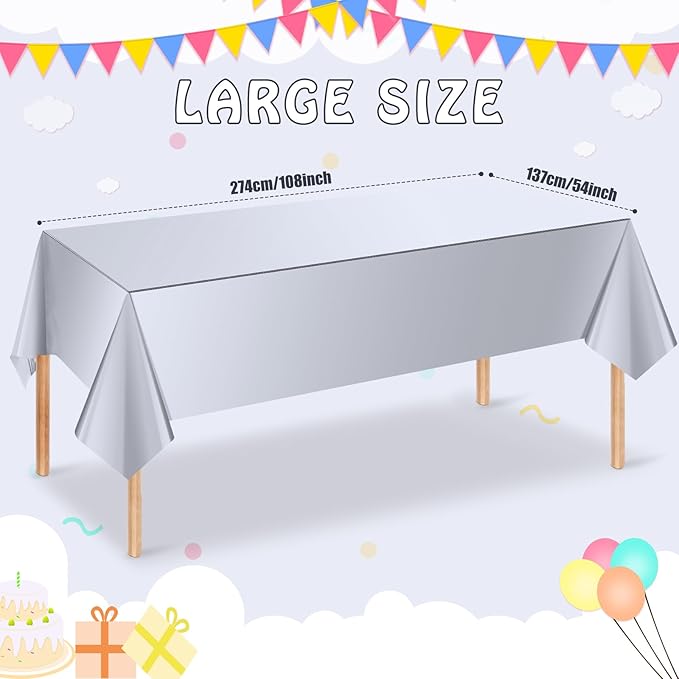 3 Pack Silver Plastic Tablecloth, Disposable Rectangle Table Covers, Holographic Metallic Foil Tablecloth Silver Party Supplies Decorations for Birthday Graduation Disco Bachelorette, 54x108Inch