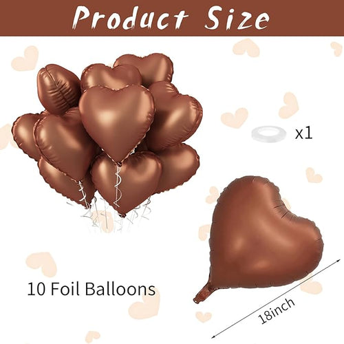 10PCS Brown Khaki Heart Shape Balloons - 18inch Chocolate Coffee Foil Heart Balloons for Helium Neutral Love Jungle Safari Birthday Party, Valentines Day