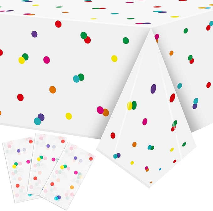 K1tpde Colorful Rainbow Party Tablecloth - 3PCS Colorful Dot White Plastic Tablecloth, Multicolor Dot Birthday Disposable Tablecover, Rainbow Dots Party Supply for 1st Baby Shower Birthday Decorations
